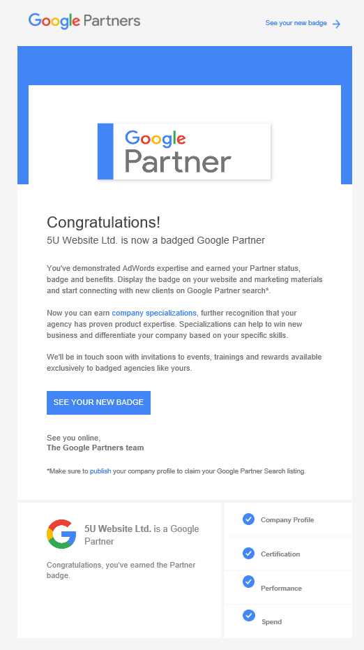 無憂網頁設計公司獲得 Google 徽章使用權的信件